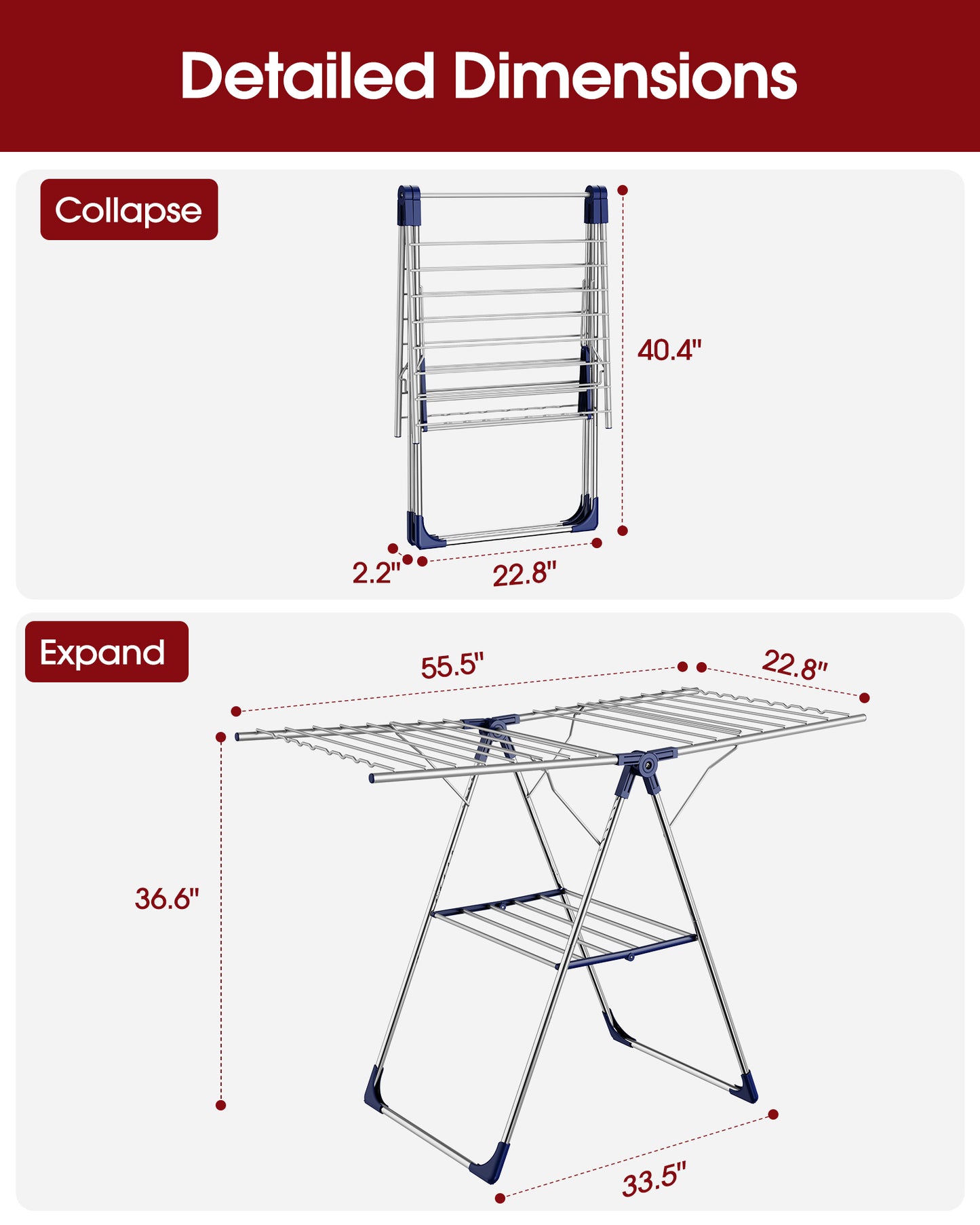 Sakugi Clothes Drying Rack with Height-Adjustable Wings, Metal Foldable Laundry Dryer Stand for Clothing & Bedding, Free-Standing Collapsible for Indoor & Outdoor Use, 55.5" L × 22.8" W, Silver Blue