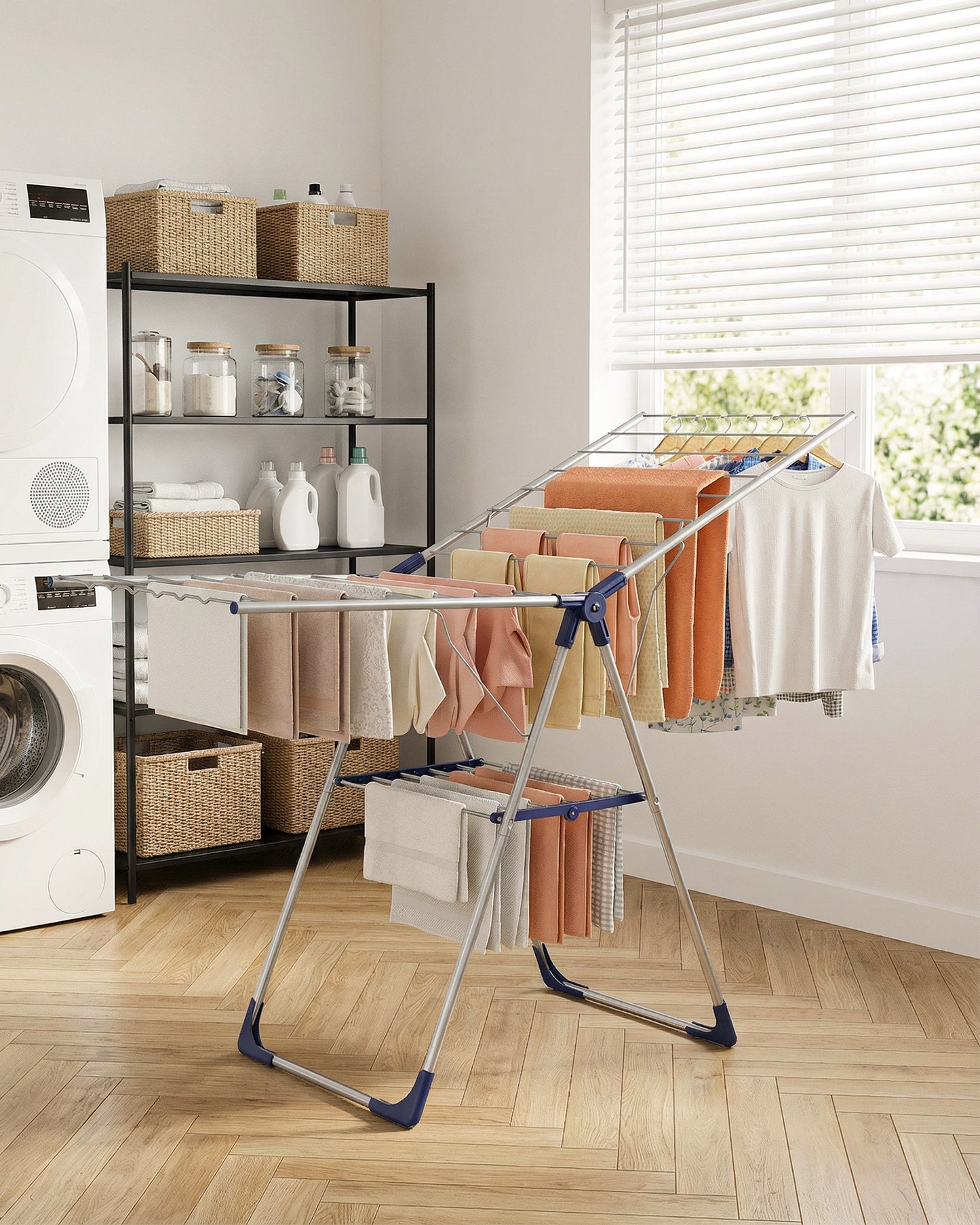 Sakugi Clothes Drying Rack with Height-Adjustable Wings, Metal Foldable Laundry Dryer Stand for Clothing & Bedding, Free-Standing Collapsible for Indoor & Outdoor Use, 55.5" L × 22.8" W, Silver Blue