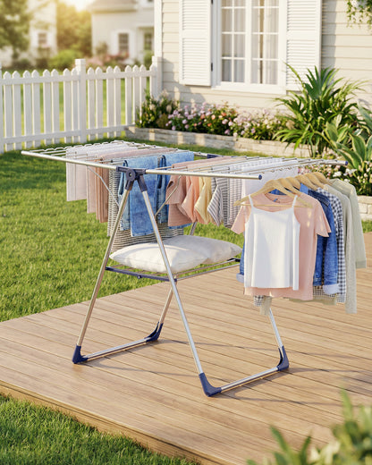 Sakugi Clothes Drying Rack with Height-Adjustable Wings, Metal Foldable Laundry Dryer Stand for Clothing & Bedding, Free-Standing Collapsible for Indoor & Outdoor Use, 55.5" L × 22.8" W, Silver Blue