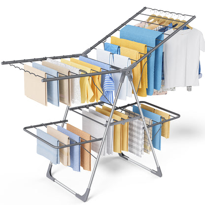 Sakugi Clothes Drying Rack - Space-Saving Foldable Laundry Drying Rack for Clothing & Bedding, Easy-to-Assemble Metal Airer with Non-Slip Feet, Indoor & Outdoor Use, 55.5"×22.8"×36.6"