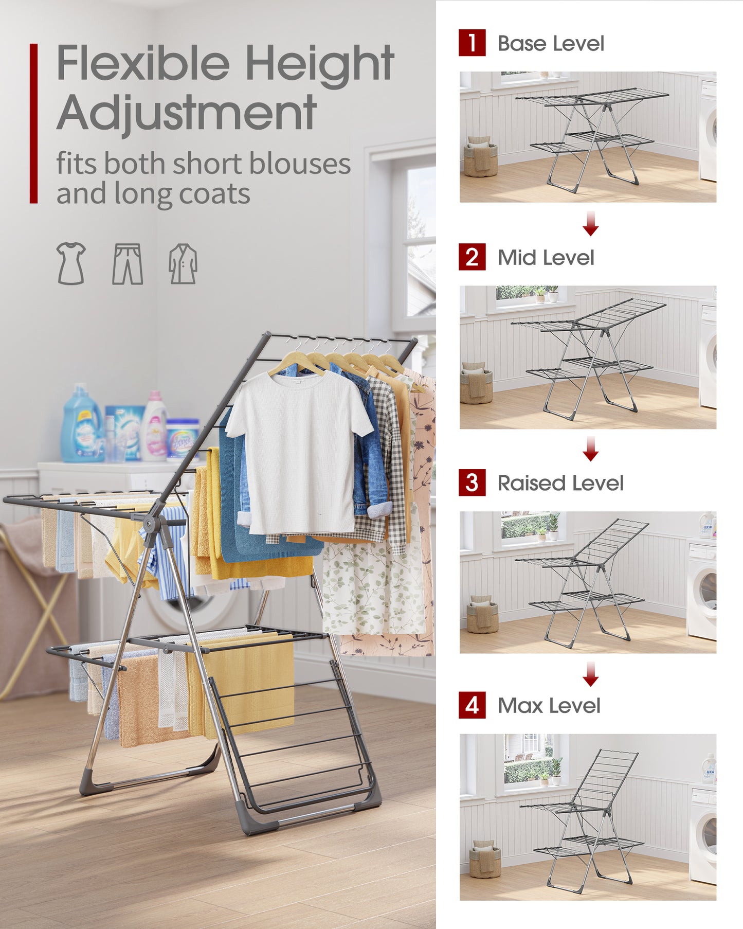 Sakugi Clothes Drying Rack - Space-Saving Foldable Laundry Drying Rack for Clothing & Bedding, Easy-to-Assemble Metal Airer with Non-Slip Feet, Indoor & Outdoor Use, 55.5"×22.8"×36.6"