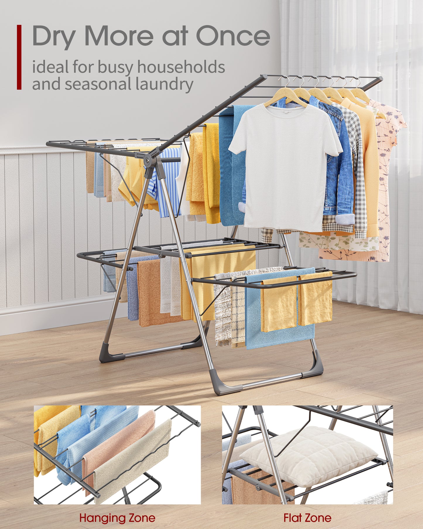 Sakugi Clothes Drying Rack - Space-Saving Foldable Laundry Drying Rack for Clothing & Bedding, Easy-to-Assemble Metal Airer with Non-Slip Feet, Indoor & Outdoor Use, 55.5"×22.8"×36.6"