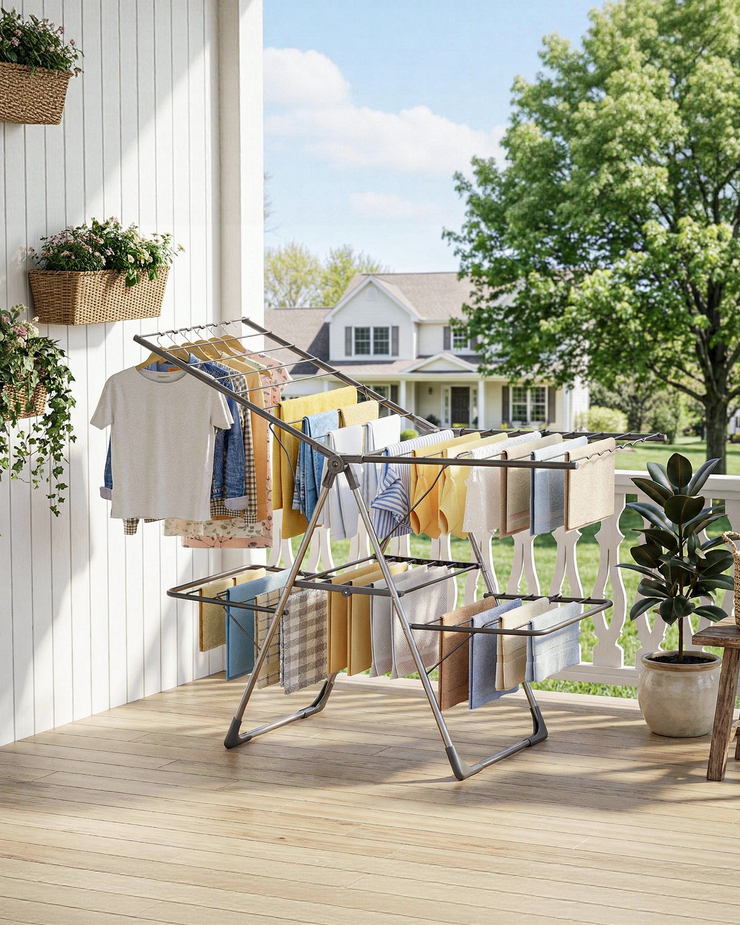 Sakugi Clothes Drying Rack - Space-Saving Foldable Laundry Drying Rack for Clothing & Bedding, Easy-to-Assemble Metal Airer with Non-Slip Feet, Indoor & Outdoor Use, 55.5"×22.8"×36.6"