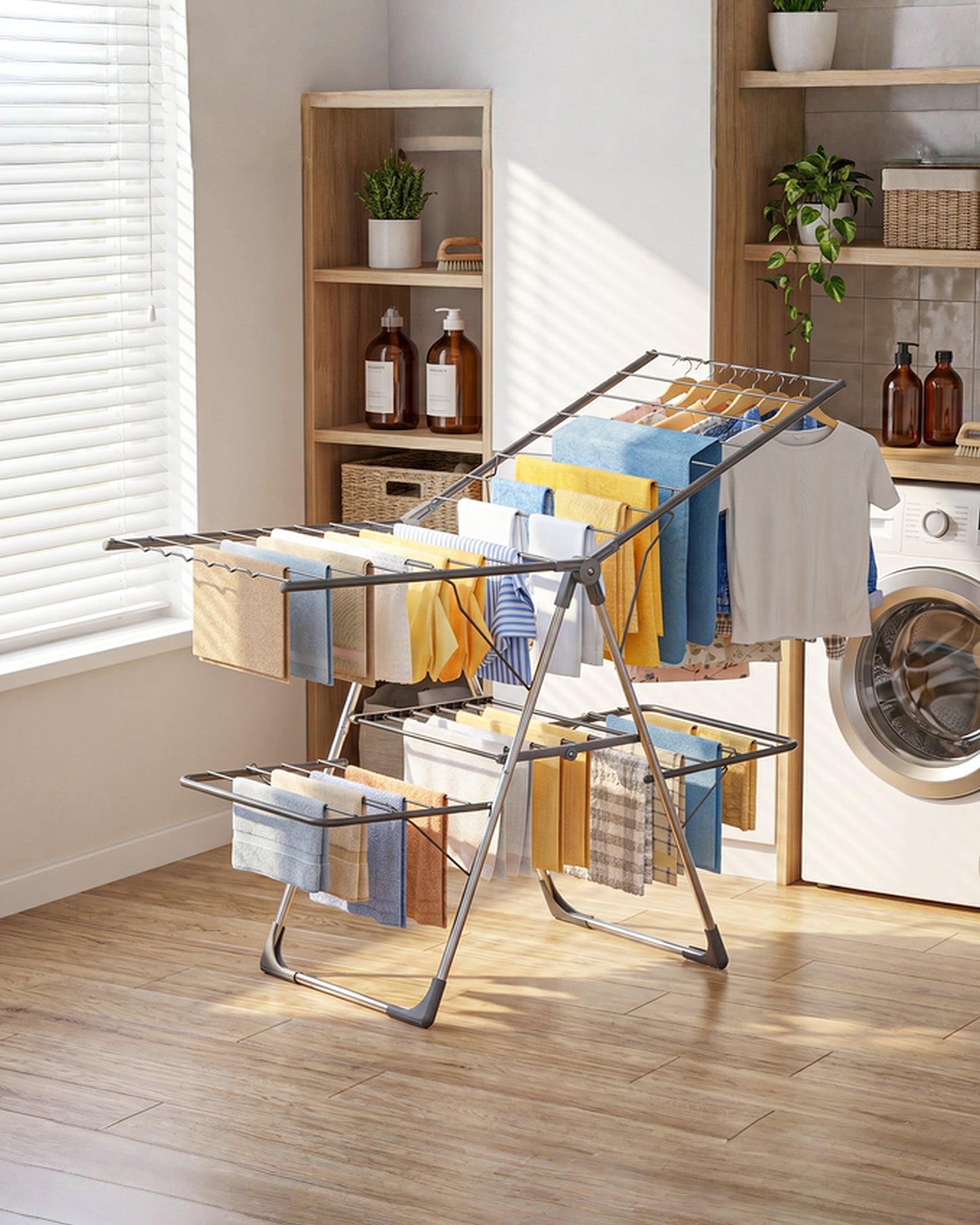 Sakugi Clothes Drying Rack - Space-Saving Foldable Laundry Drying Rack for Clothing & Bedding, Easy-to-Assemble Metal Airer with Non-Slip Feet, Indoor & Outdoor Use, 55.5"×22.8"×36.6"