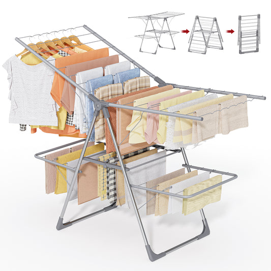 Sakugi Clothes Drying Rack, 2-Tier Foldable Laundry Drying Rack for Clothing with 32 Rods, Rustproof, Freestanding, for Indoor & Outdoor, 56" x 22.5" x 34.3", Grey