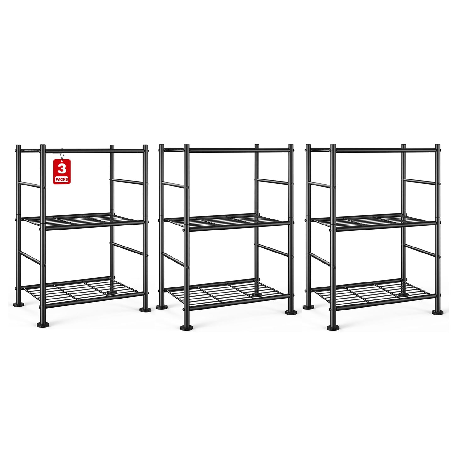 Sakugi 2-Pack Storage Shelves - 3-Tier Metal Wire Shelf Organizer, Slim Shelf Rack with Adjustable Feet for Laundry Room, Kitchen, Garage Organization, 18.2" x 12.3" x 30.4", Black