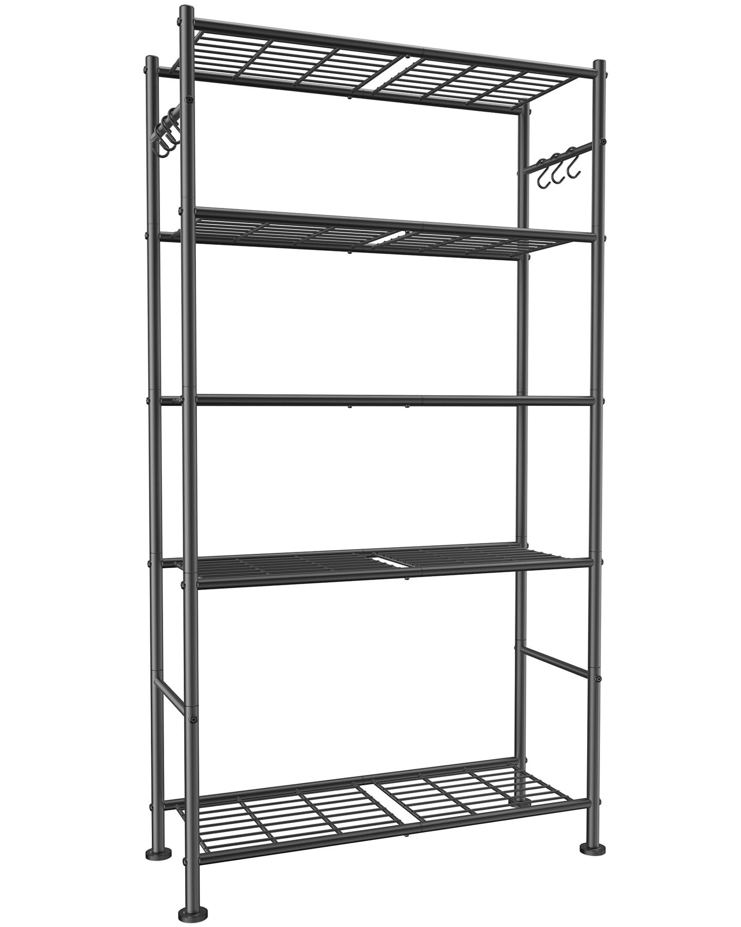 Sakugi Storage Shelves - 5-Tier Large Capacity Shelf Organizer with Hooks, Heavy-Duty Garage Shelving with Leveling Feet, Wobble-Free Rack for Bedroom, Balcony, Garage, 18.1"×12.4"×56.8", Black