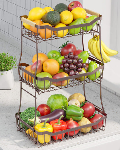 Sakugi Fruit Basket - 2 Tier Fruit Basket for Kitchen Counter, Detachable Fruit Vegetable Basket with Banana Hanger, Metal Countertop Fruit Stand with Wooden Handle