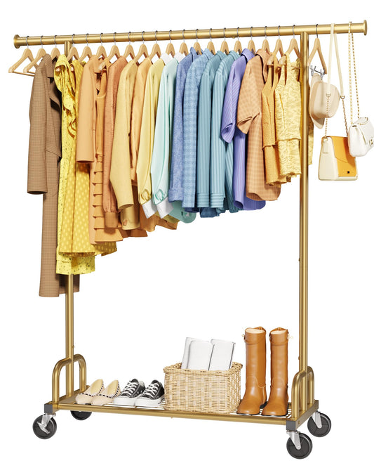 Sakugi Clothes Rack - Large-Capacity Clothing Racks for Hanging Clothes with Lockable Wheels, Space-Saving Metal Coat Rack for Bedroom, Laundry Room, Entryway, 45.6" x 16.9" x 59", Silver