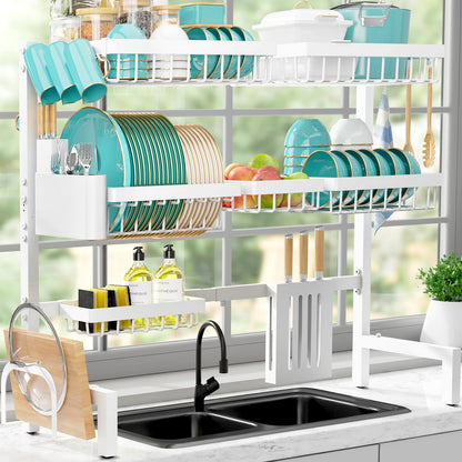 Sakugi Dish Drying Rack Over The Sink - Large Capacity Stainless Steel Dish Drainer, Multifunctional Kitchen Organizer, Black, 11" D x 30"~33.9''W x 21.5" H