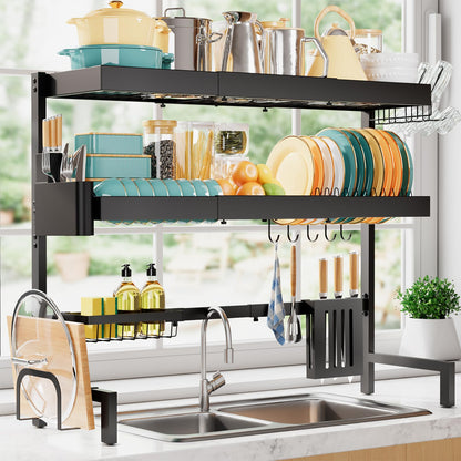 Sakugi Over The Sink Dish Drying Rack, Expandable 2-Tier Stainless Steel Kitchen Storage Organization Accessories for Countertop, Rustproof & Space-Saving, 30"–34.5" L x 12" W x 25" H, Black