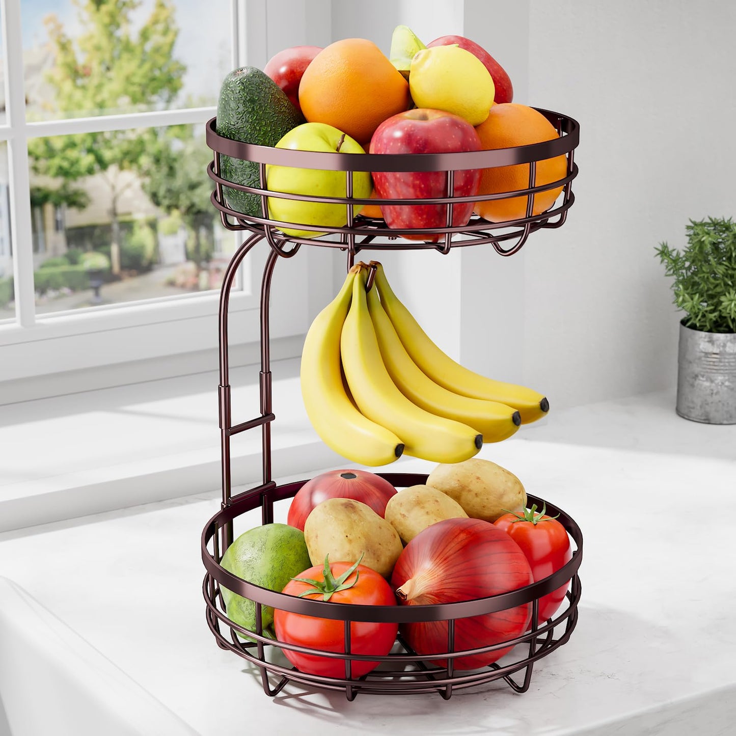 Sakugi Fruit Basket for Kitchen Counter - 2-Tier Large Capacity Fruit Bowl with Detachable Banana Hanger, Rust-Proof Metal Fruit Holder for Vegetables, Bread, Toiletry,10" D x 10" W x 14" H, Black