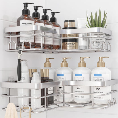 Sakugi Corner Shower Caddy - 2 Pack, Adhesive Shower Organizers, Rustproof Stainless Steel Shower Shelves with 8 Hooks, No Drilling Bathroom Organizers and Storage Racks, Space-Saving, Black,Medium