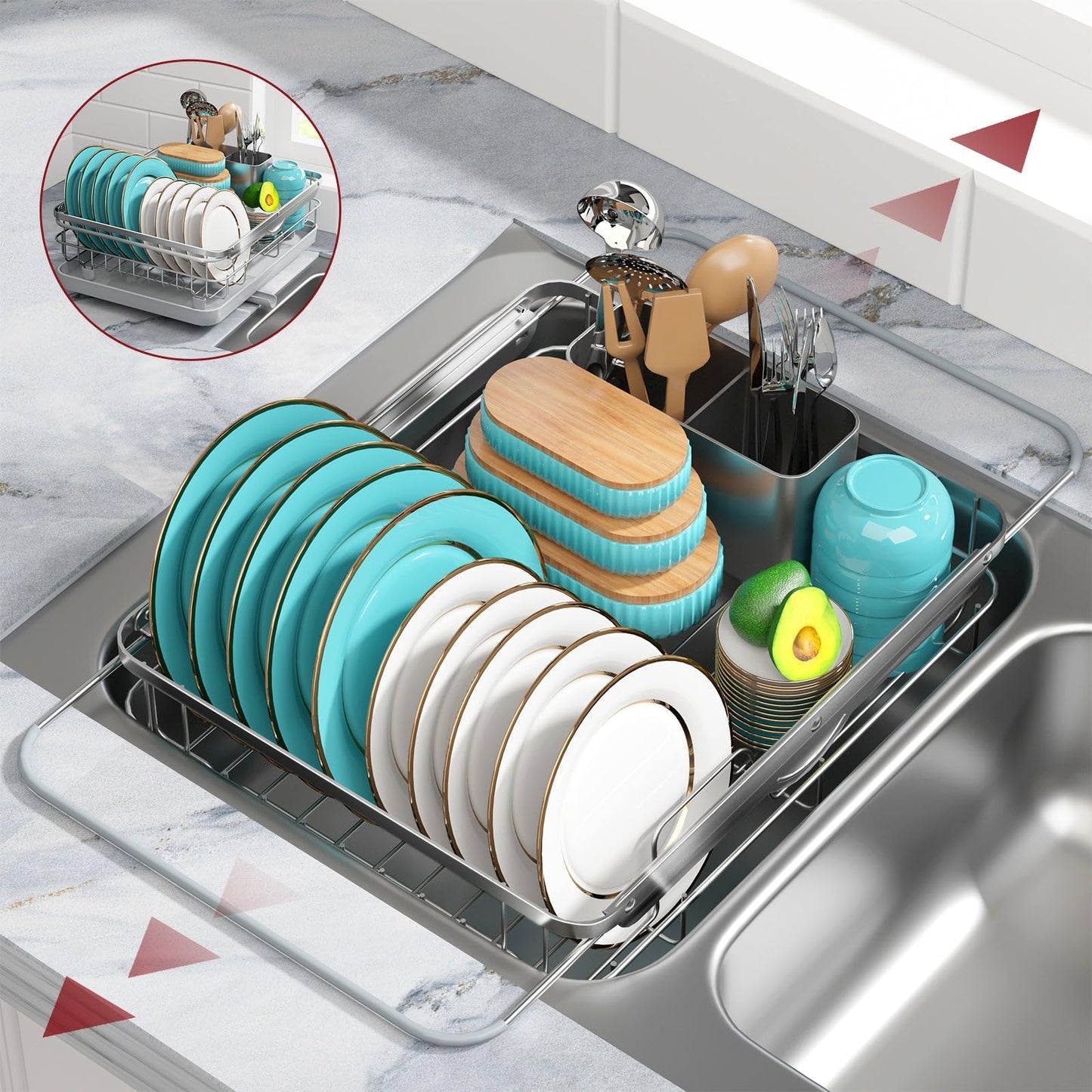 Sakugi Stainless Steel Dish Drying Rack for Kitchen Counter, Sink Organization and Storage Essentials with Silverware & Utensil Holder, Home and Apartment Decor