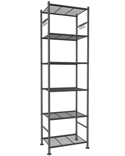 Sakugi Storage Shelves - 5-Tier Large Capacity Shelf Organizer with Hooks, Heavy-Duty Garage Shelving with Leveling Feet, Wobble-Free Rack for Bedroom, Balcony, Garage, 18.1"×12.4"×56.8", Black