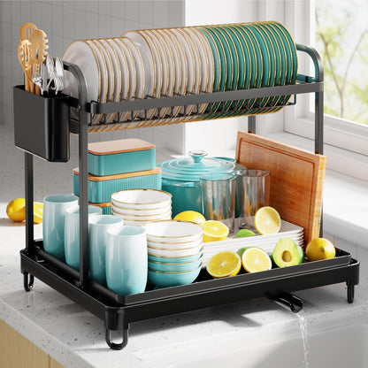 Sakugi Dish Drying Rack - Stainless Steel Dish Rack for Kitchen Counter, 2-Tier Kitchen Organizers and Storage Rack with Drainboard and Cutlery Holder, Large, Black