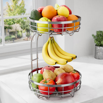 Sakugi Fruit Basket for Kitchen Counter - 2-Tier Large Capacity Fruit Bowl with Detachable Banana Hanger, Rust-Proof Metal Fruit Holder for Vegetables, Bread, Toiletry,10" D x 10" W x 14" H, Black