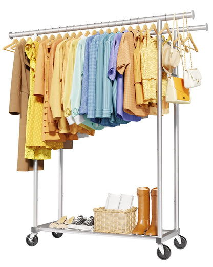 Sakugi Clothes Rack - Large-Capacity Clothing Racks for Hanging Clothes with Lockable Wheels, Space-Saving Metal Coat Rack for Bedroom, Laundry Room, Entryway, 45.6" x 16.9" x 59", Silver