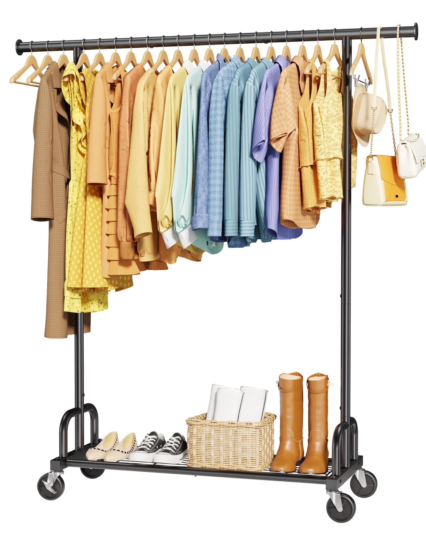 Sakugi Clothes Rack - Large-Capacity Clothing Racks for Hanging Clothes with Lockable Wheels, Space-Saving Metal Coat Rack for Bedroom, Laundry Room, Entryway, 45.6" x 16.9" x 59", Silver