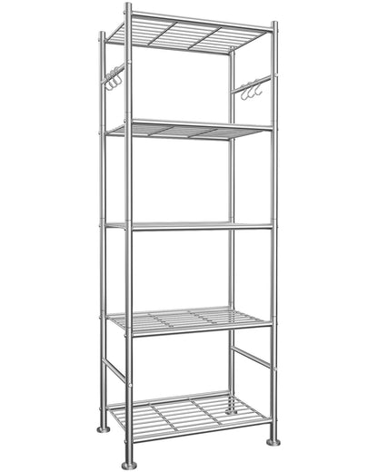 Sakugi Storage Shelves - 5-Tier Large Capacity Shelf Organizer with Hooks, Heavy-Duty Garage Shelving with Leveling Feet, Wobble-Free Rack for Bedroom, Balcony, Garage, 18.1"×12.4"×56.8", Black