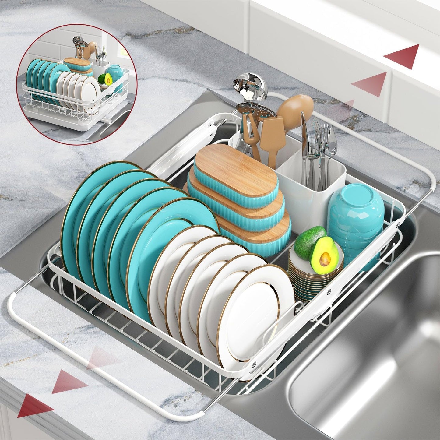Sakugi Stainless Steel Dish Drying Rack for Kitchen Counter, Sink Organization and Storage Essentials with Silverware & Utensil Holder, Home and Apartment Decor