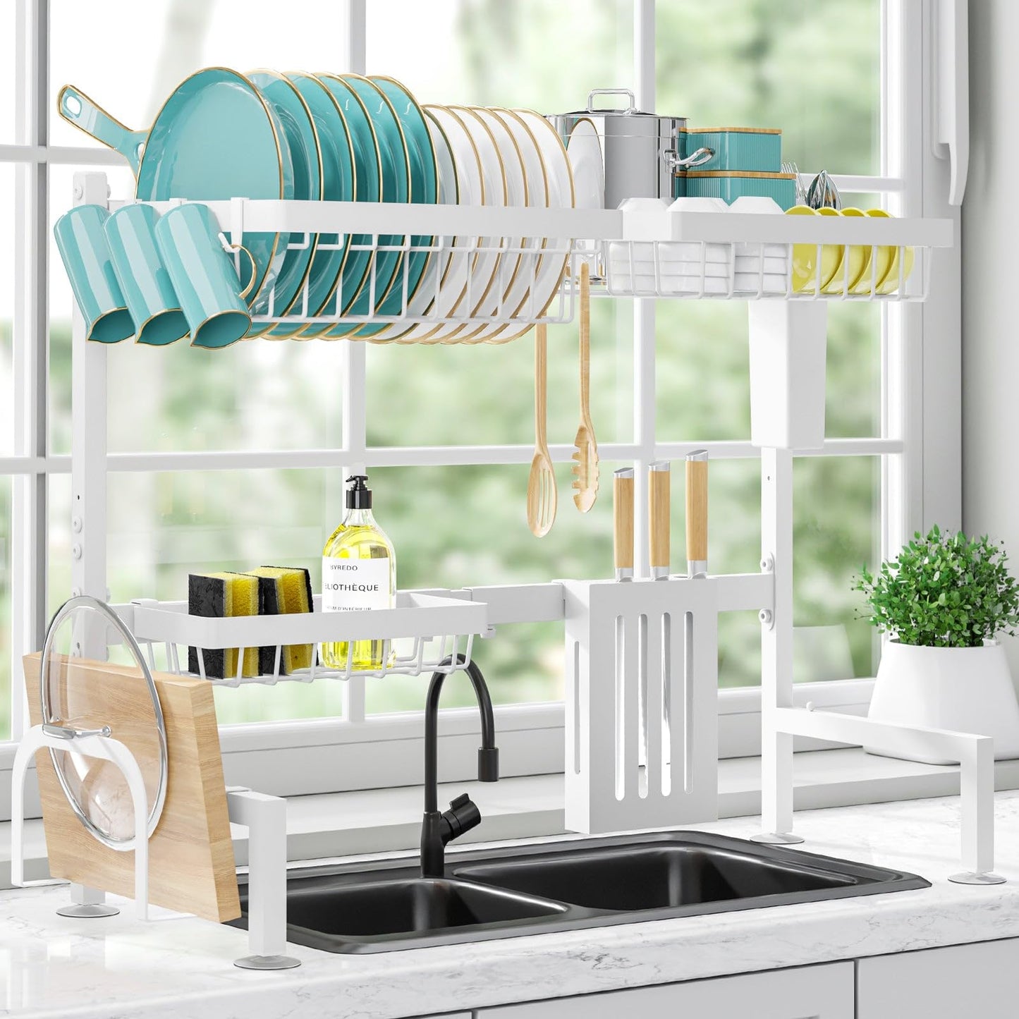 Sakugi Dish Drying Rack Over The Sink - Large Capacity Stainless Steel Dish Drainer, Multifunctional Kitchen Organizer, Black, 11" D x 30"~33.9''W x 21.5" H