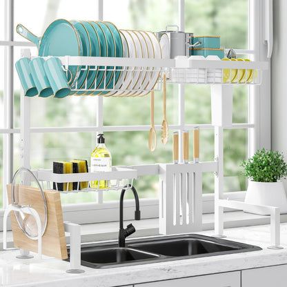 Sakugi Dish Drying Rack Over The Sink - Large Capacity Stainless Steel Dish Drainer, Multifunctional Kitchen Organizer, Black, 11" D x 30"~33.9''W x 21.5" H