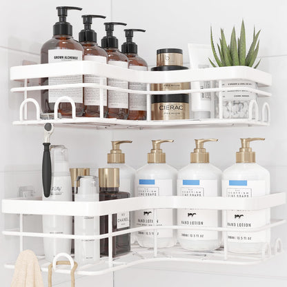Sakugi Corner Shower Caddy - 2 Pack, Adhesive Shower Organizers, Rustproof Stainless Steel Shower Shelves with 8 Hooks, No Drilling Bathroom Organizers and Storage Racks, Space-Saving, Black,Medium
