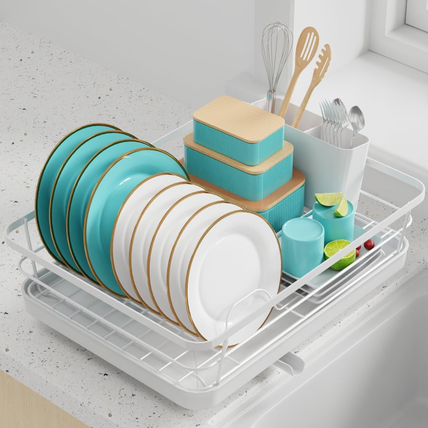 Sakugi Stainless Steel Dish Drying Rack for Kitchen Counter, Sink Organization and Storage Essentials with Silverware & Utensil Holder, Home and Apartment Decor
