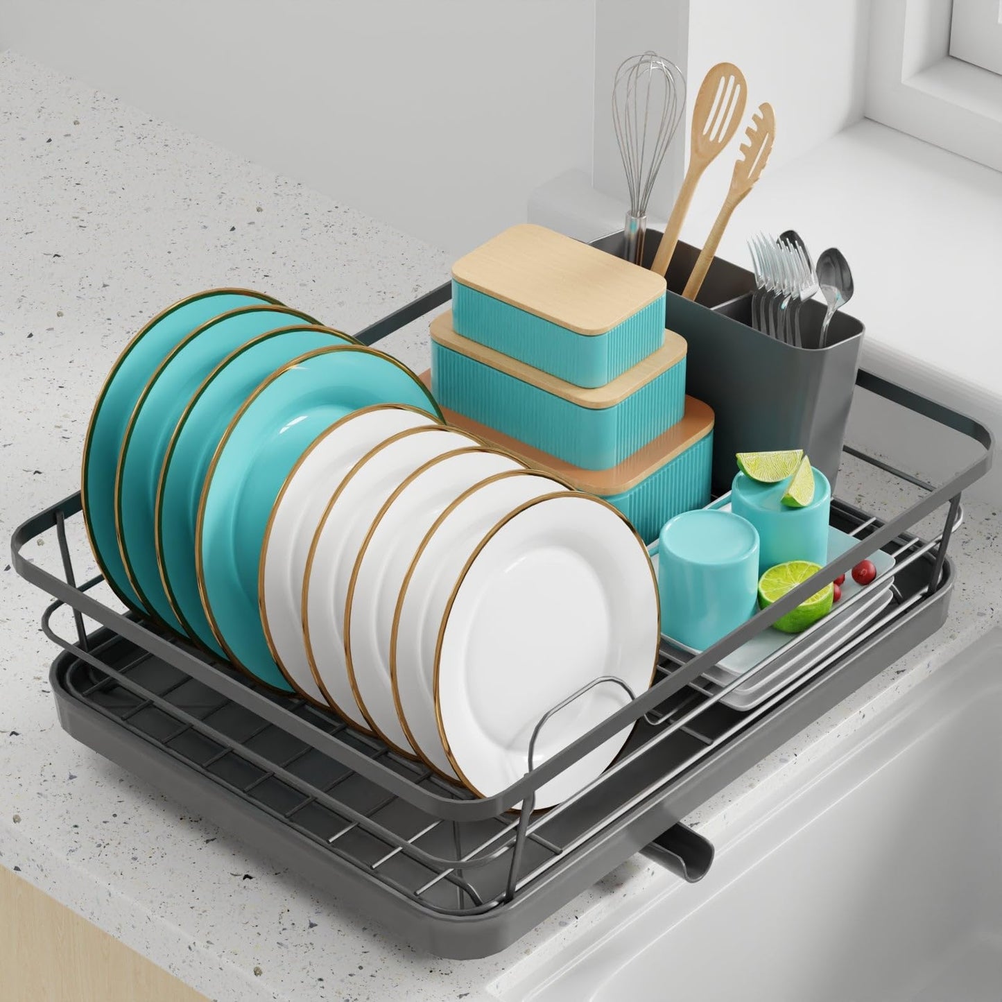 Sakugi Stainless Steel Dish Drying Rack for Kitchen Counter, Sink Organization and Storage Essentials with Silverware & Utensil Holder, Home and Apartment Decor