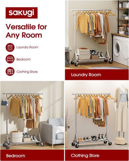 Sakugi Heavy-Duty Clothes Rack, Stainless Steel Garment Stand with Mesh Shelf, Lockable Wheels & Anti-Slip Stoppers, Rolling Clothing Rack for Bedroom Storage, 42.5" x 16.5" x 65.9", Silver