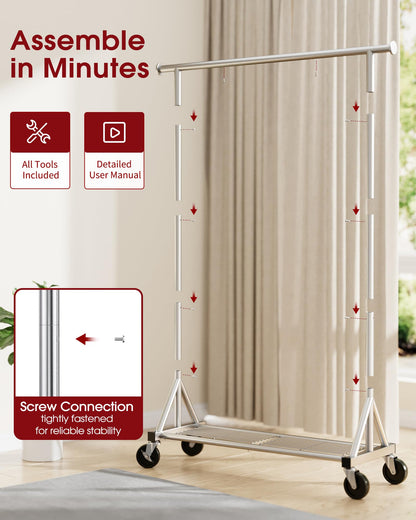 Sakugi Heavy-Duty Clothes Rack, Stainless Steel Garment Stand with Mesh Shelf, Lockable Wheels & Anti-Slip Stoppers, Rolling Clothing Rack for Bedroom Storage, 42.5" x 16.5" x 65.9", Silver