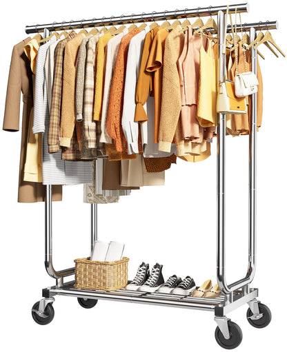 Sakugi Heavy-Duty Clothes Rack - Double-Rod Stainless Steel Garment Rack with 4-inch Lockable Wheels, Clothing Racks for Hanging Clothes in Bedroom, Laundry Room, 43.3"×16.5"×61.0", Silver