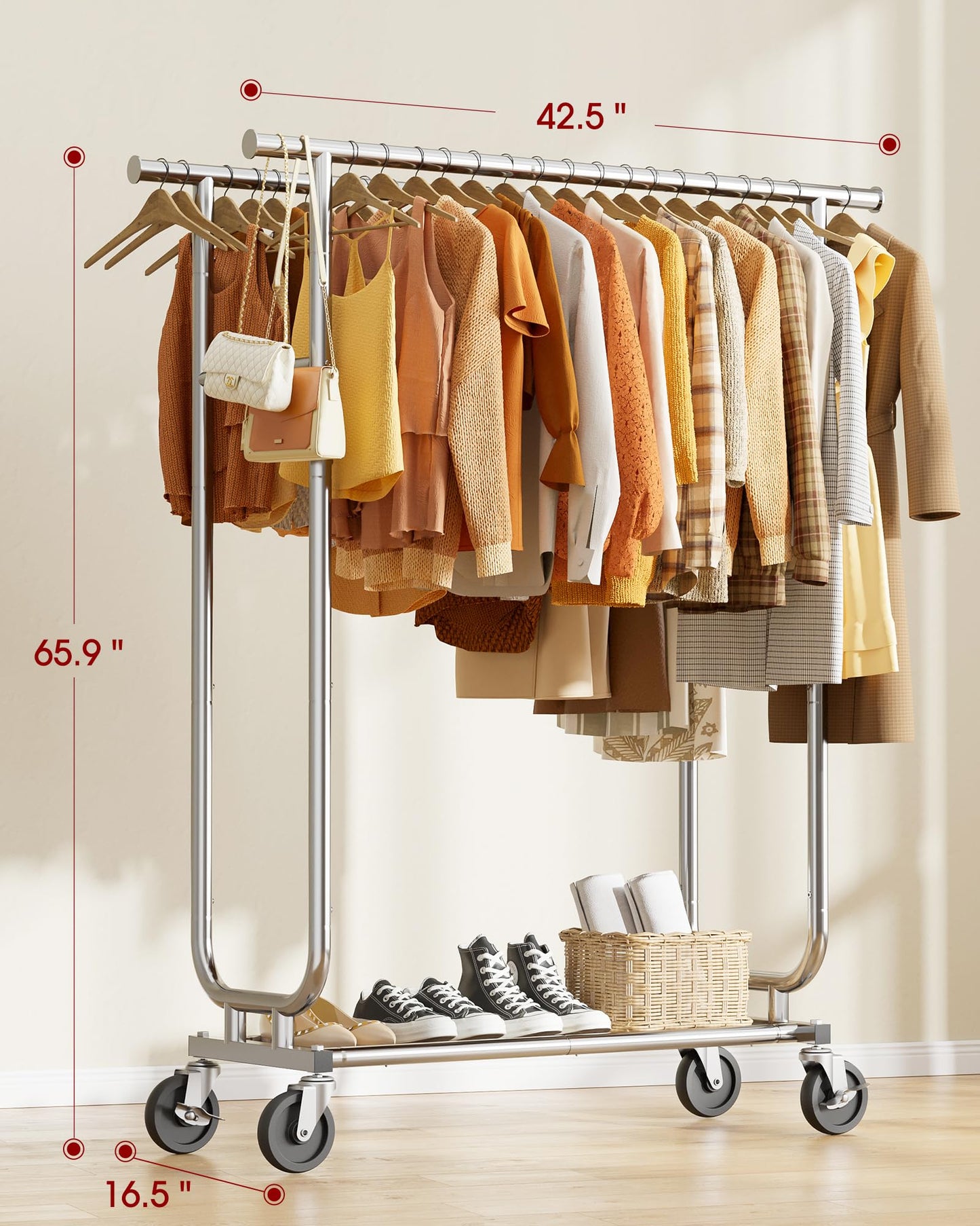 Sakugi Heavy-Duty Clothes Rack - Double-Rod Stainless Steel Garment Rack with 4-inch Lockable Wheels, Clothing Racks for Hanging Clothes in Bedroom, Laundry Room, 43.3"×16.5"×61.0", Silver