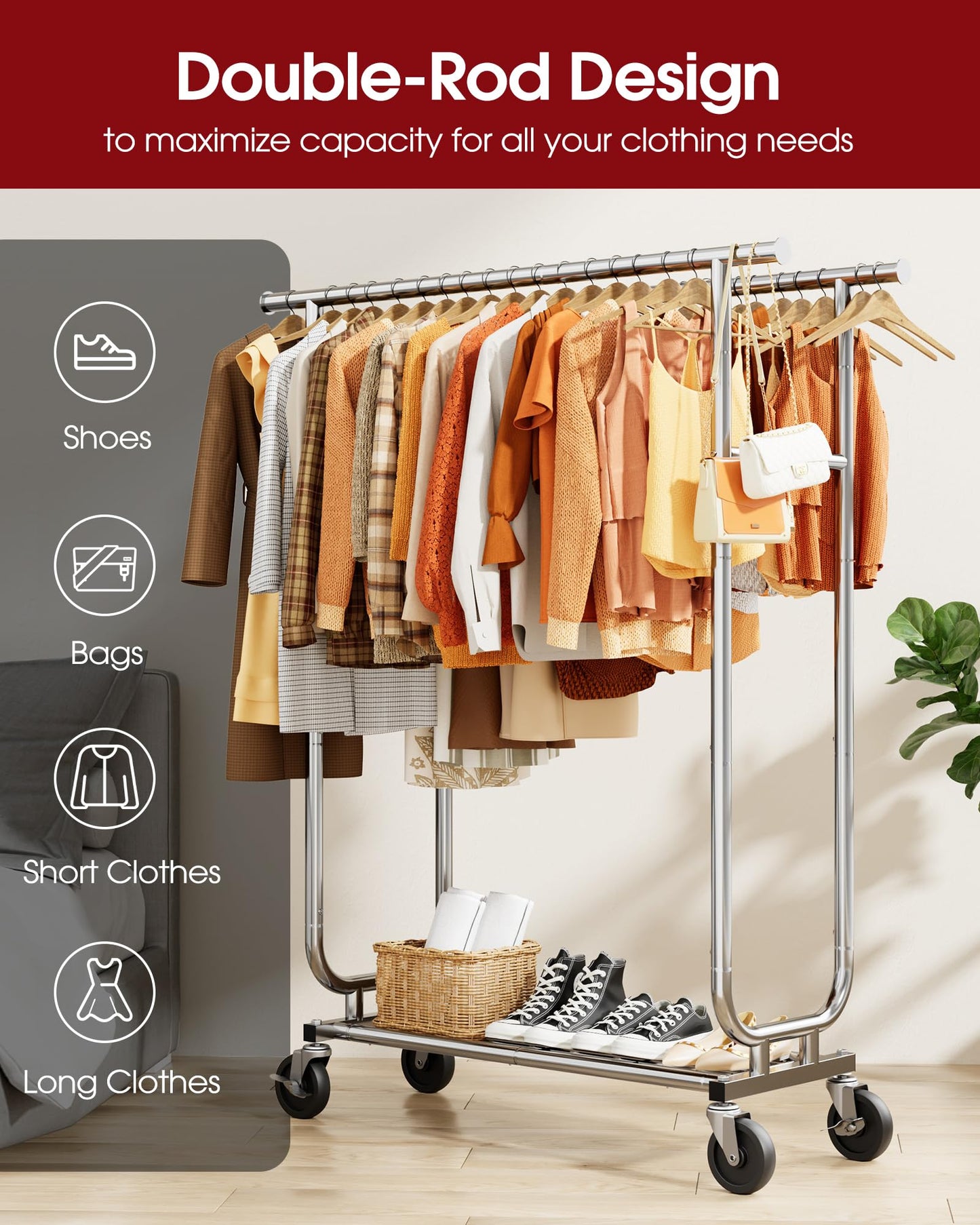 Sakugi Heavy-Duty Clothes Rack - Double-Rod Stainless Steel Garment Rack with 4-inch Lockable Wheels, Clothing Racks for Hanging Clothes in Bedroom, Laundry Room, 43.3"×16.5"×61.0", Silver