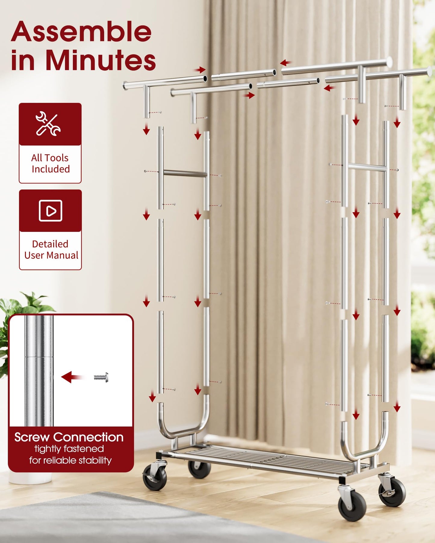 Sakugi Heavy-Duty Clothes Rack - Double-Rod Stainless Steel Garment Rack with 4-inch Lockable Wheels, Clothing Racks for Hanging Clothes in Bedroom, Laundry Room, 43.3"×16.5"×61.0", Silver