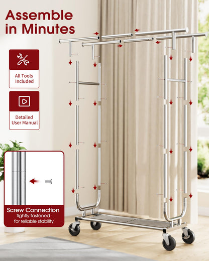 Sakugi Heavy-Duty Clothes Rack - Double-Rod Stainless Steel Garment Rack with 4-inch Lockable Wheels, Clothing Racks for Hanging Clothes in Bedroom, Laundry Room, 43.3"×16.5"×61.0", Silver