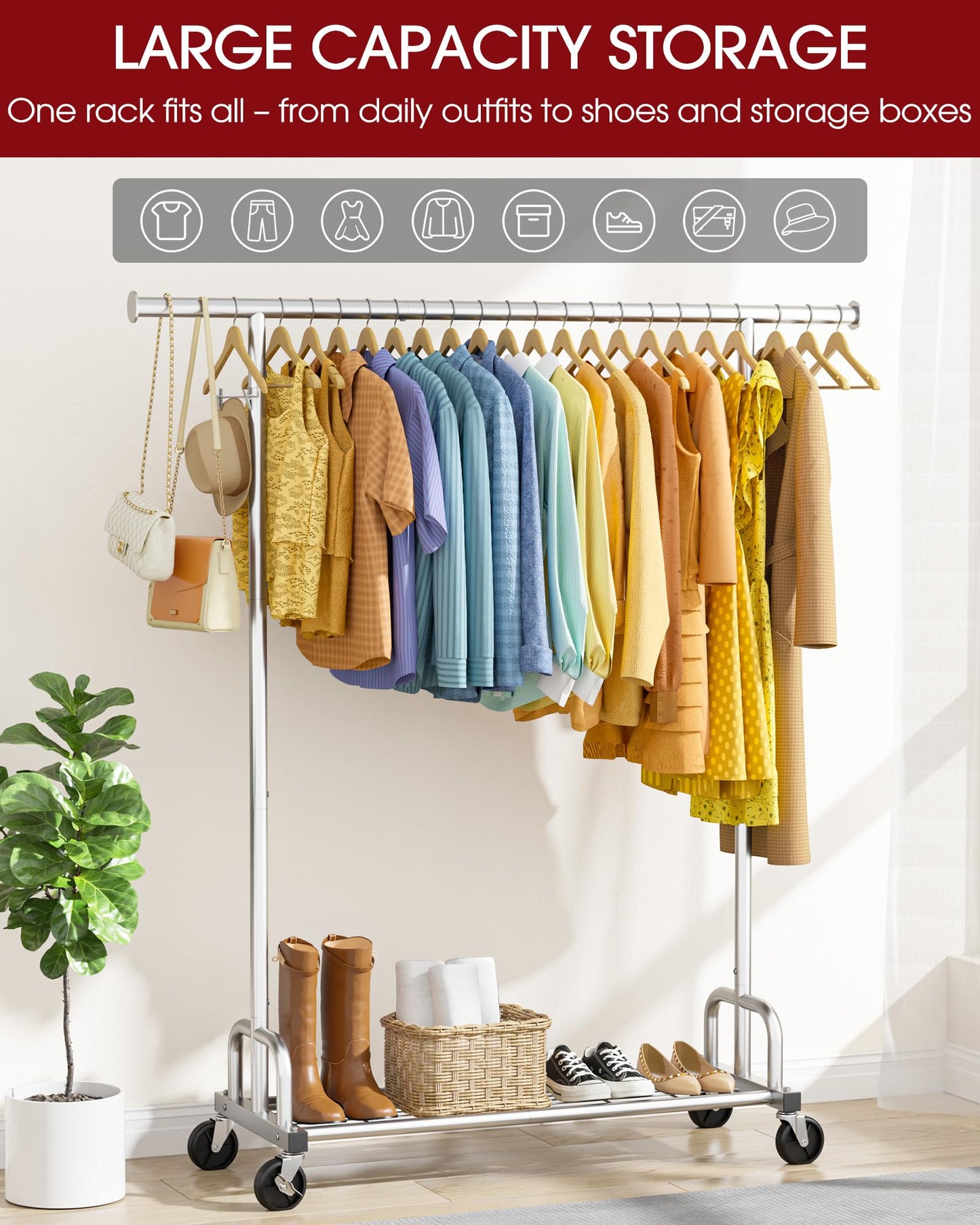 Sakugi Clothes Rack - Large-Capacity Clothing Racks for Hanging Clothes with Lockable Wheels, Space-Saving Metal Coat Rack for Bedroom, Laundry Room, Entryway, 45.6" x 16.9" x 59", Silver