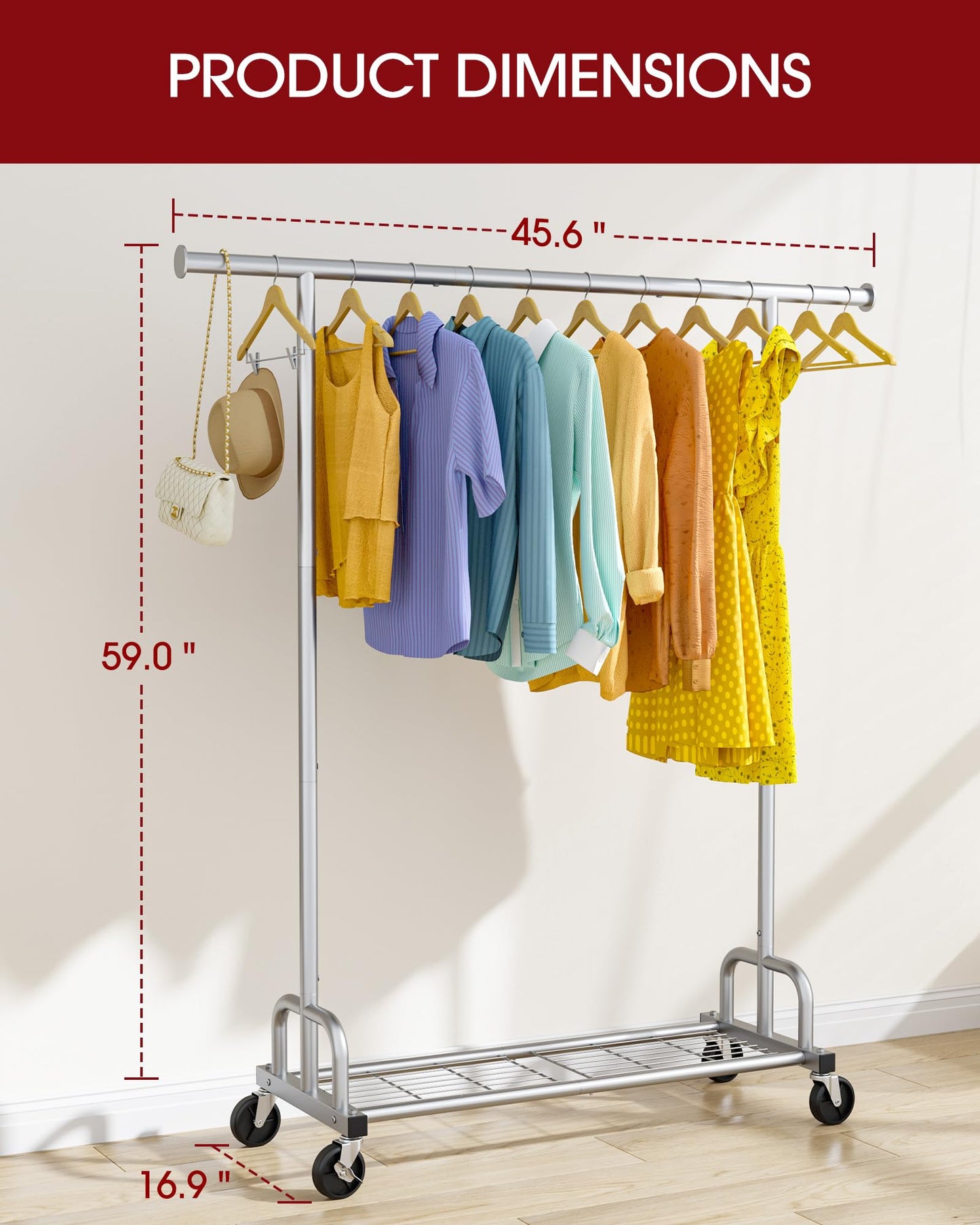 Sakugi Clothes Rack - Large-Capacity Clothing Racks for Hanging Clothes with Lockable Wheels, Space-Saving Metal Coat Rack for Bedroom, Laundry Room, Entryway, 45.6" x 16.9" x 59", Silver
