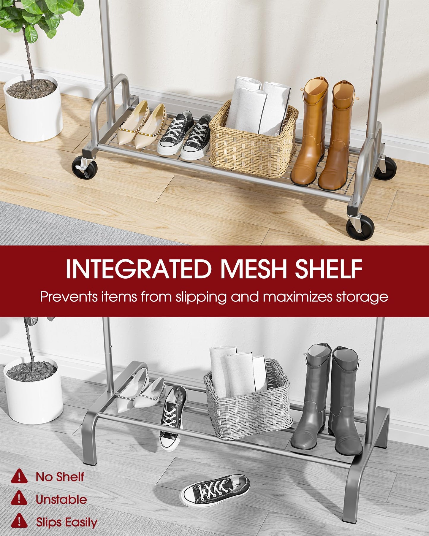 Sakugi Clothes Rack - Large-Capacity Clothing Racks for Hanging Clothes with Lockable Wheels, Space-Saving Metal Coat Rack for Bedroom, Laundry Room, Entryway, 45.6" x 16.9" x 59", Silver