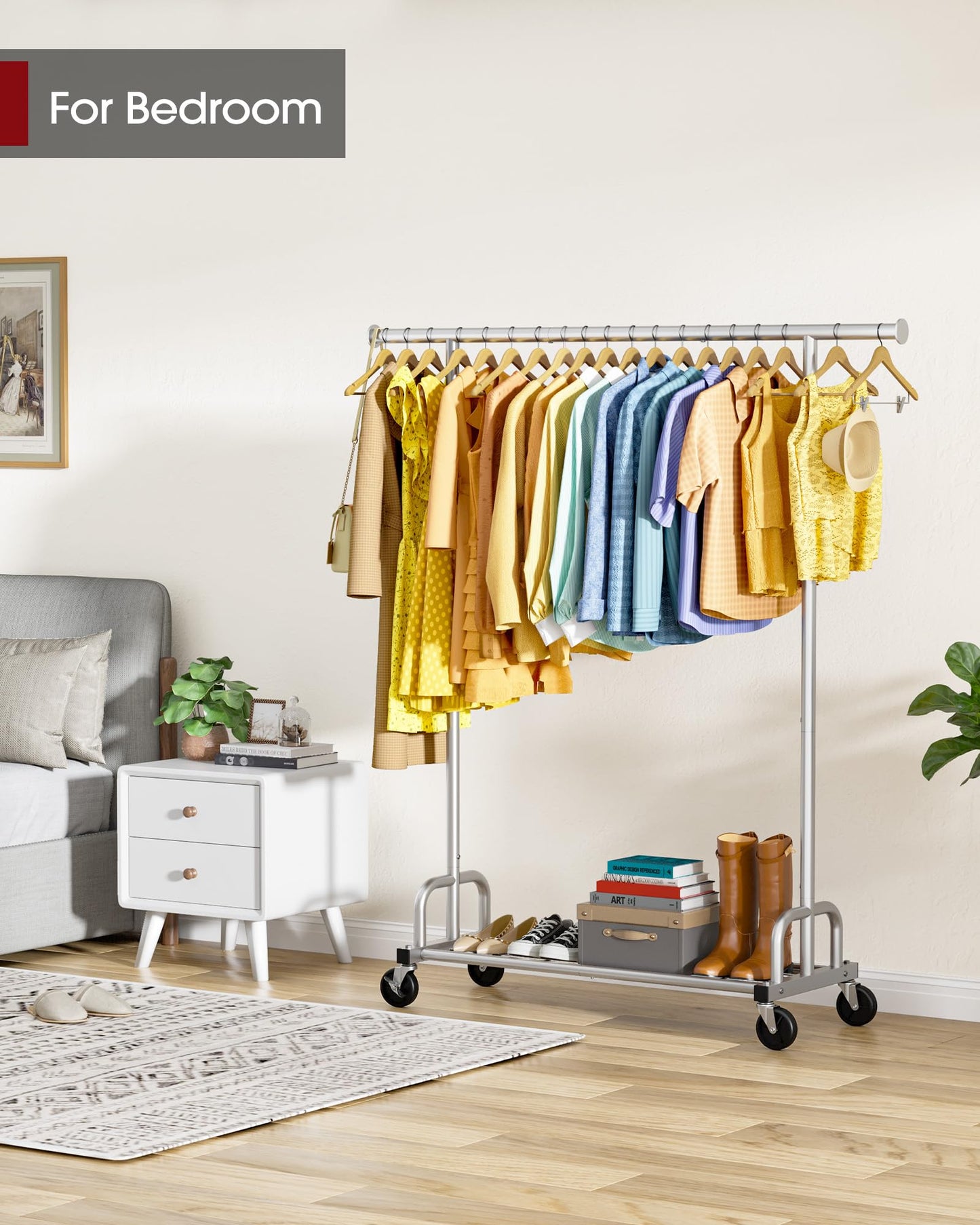 Sakugi Clothes Rack - Large-Capacity Clothing Racks for Hanging Clothes with Lockable Wheels, Space-Saving Metal Coat Rack for Bedroom, Laundry Room, Entryway, 45.6" x 16.9" x 59", Silver