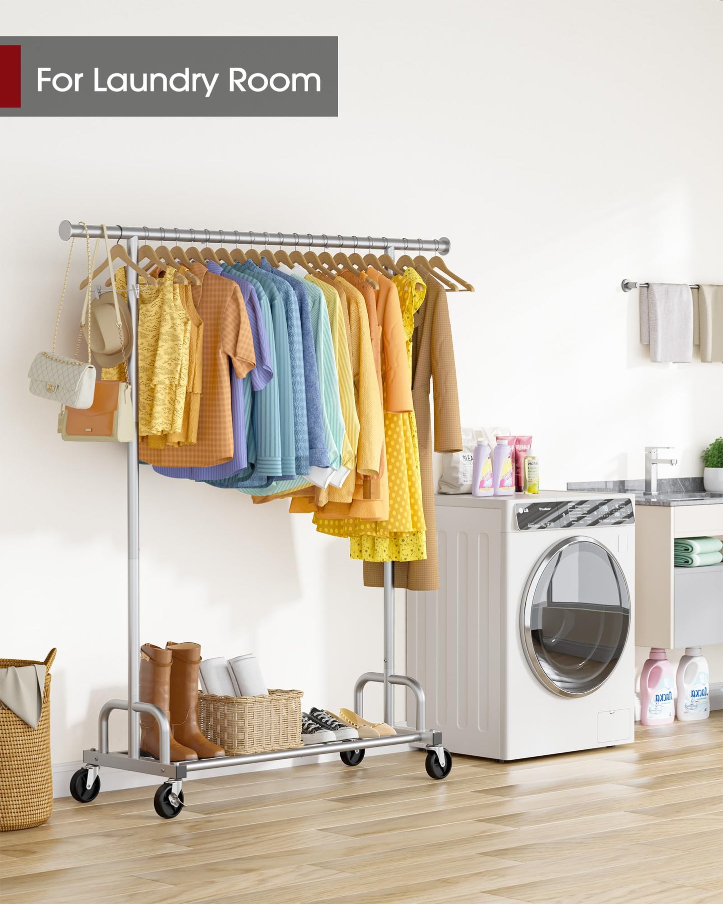 Sakugi Clothes Rack - Large-Capacity Clothing Racks for Hanging Clothes with Lockable Wheels, Space-Saving Metal Coat Rack for Bedroom, Laundry Room, Entryway, 45.6" x 16.9" x 59", Silver