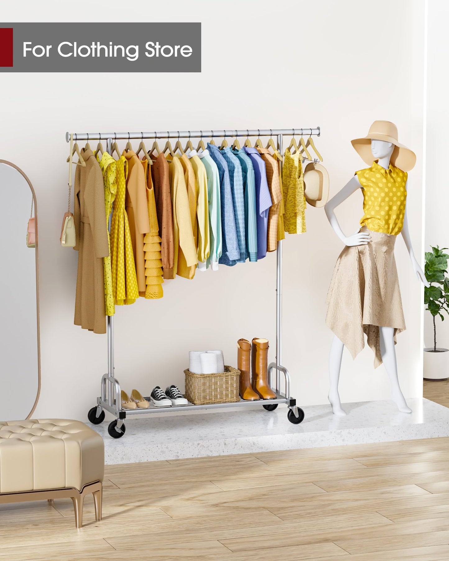 Sakugi Clothes Rack - Large-Capacity Clothing Racks for Hanging Clothes with Lockable Wheels, Space-Saving Metal Coat Rack for Bedroom, Laundry Room, Entryway, 45.6" x 16.9" x 59", Silver