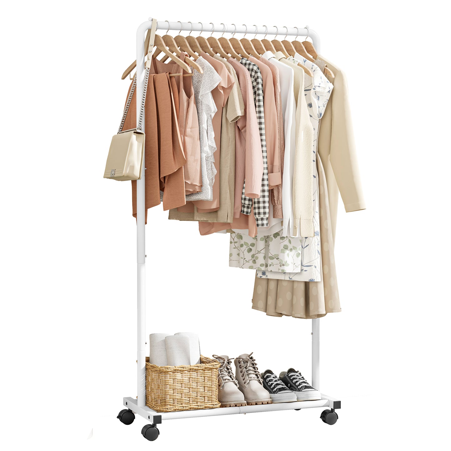 Sakugi Clothes Rack - Black Clothing Rack with Wheels, Multi-Functional Clothing Racks for Hanging Clothes and Shoes, Large Capacity Garment Rack for Bedroom, Living Room, Office