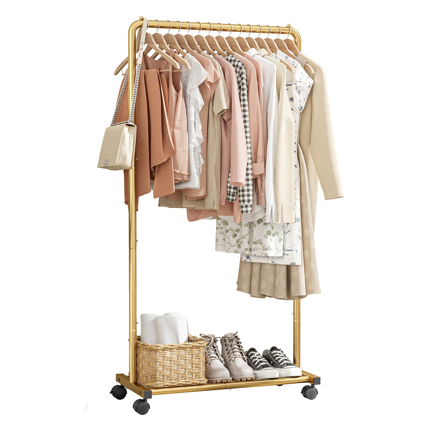Sakugi Clothes Rack - Black Clothing Rack with Wheels, Multi-Functional Clothing Racks for Hanging Clothes and Shoes, Large Capacity Garment Rack for Bedroom, Living Room, Office