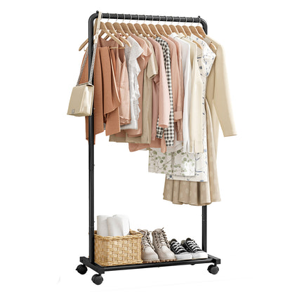 Sakugi Clothes Rack - Black Clothing Rack with Wheels, Multi-Functional Clothing Racks for Hanging Clothes and Shoes, Large Capacity Garment Rack for Bedroom, Living Room, Office