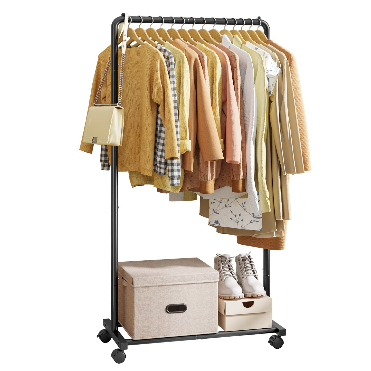 Sakugi Clothes Rack - Black Clothing Rack with Wheels, Multi-Functional Clothing Racks for Hanging Clothes and Shoes, Large Capacity Garment Rack for Bedroom, Living Room, Office