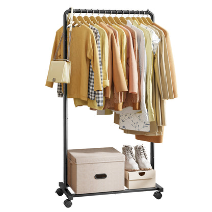 Sakugi Clothes Rack - Black Clothing Rack with Wheels, Multi-Functional Clothing Racks for Hanging Clothes and Shoes, Large Capacity Garment Rack for Bedroom, Living Room, Office