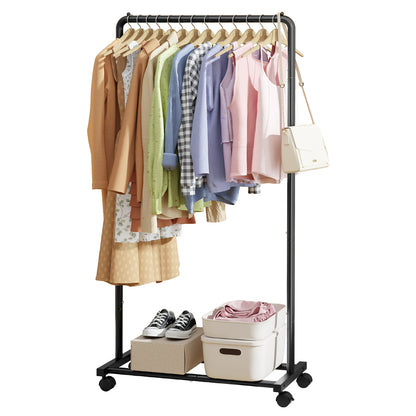 Sakugi Clothes Rack - Black Clothing Rack with Wheels, Multi-Functional Clothing Racks for Hanging Clothes and Shoes, Large Capacity Garment Rack for Bedroom, Living Room, Office
