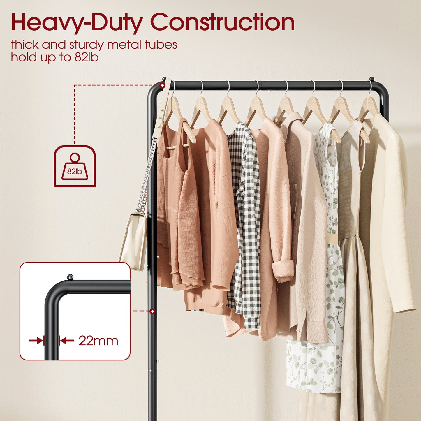 Sakugi Clothes Rack - Black Clothing Rack with Wheels, Multi-Functional Clothing Racks for Hanging Clothes and Shoes, Large Capacity Garment Rack for Bedroom, Living Room, Office